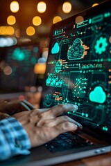 A person is typing on a laptop with a green screen displaying a complex system of interconnected data. Concept of technology and innovation, as well as the importance of digital communication