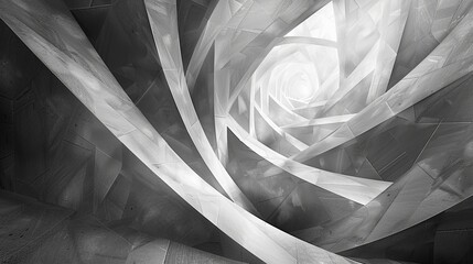 Wall Mural - A black and white photo of a spiral with a white background. The spiral is made up of many small lines and he is a part of a larger structure. The photo has a sense of depth and movement