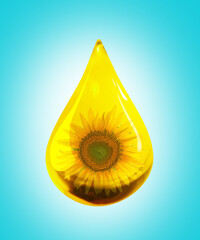 Sticker - Cooking oil drop with sunflower inside on light blue background
