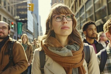 Wall Mural - Caucasian young woman with glasses and scarf in a city street