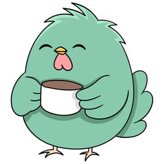 cute fat green baby bird enjoying a cup of coffee