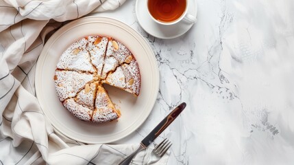 Wall Mural - Almond cake displayed with cutlery and tea on a white plate against a light background