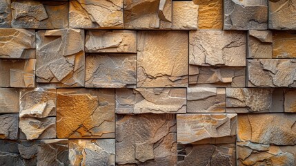 Wall Mural - Sandstone block wall with chiseled texture, warm light, natural palette, ample copy space,