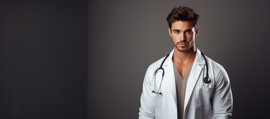 a young doctor in a white coat with a stethoscope around his neck. he has short brown hair and blue 