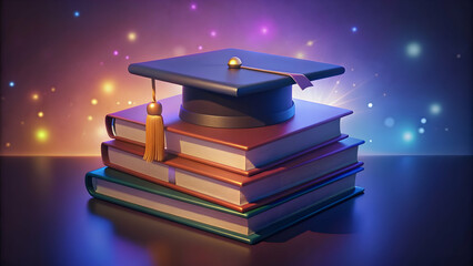 Graduation concept, 3D rendering, graduation cap on stack of books