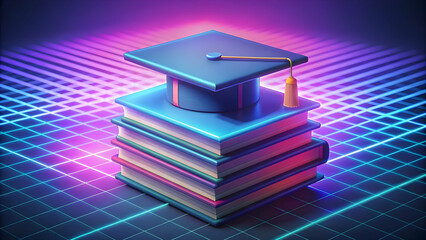 Graduation concept, 3D rendering, graduation cap on stack of books