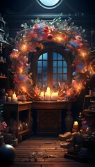 Wall Mural - 3d illustration of a dark room with a christmas wreath
