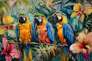 Wall Mural - Tropical forest , birds and flowers , wallpaper , mural wall. AI generated illustration