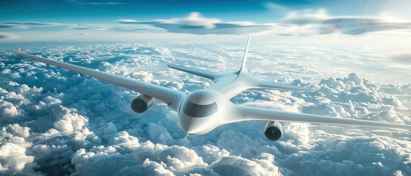 Airplane flying above the clouds. Futuristic Airplane Gracefully Glides Above the Clouds, Embracing Sustainable Air Travel's Golden Age