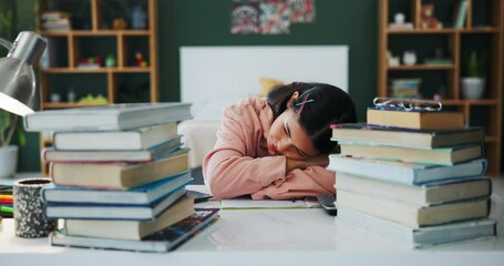 Poster - Girl, student and tired or sleep in home for task with calculator for project, report and assignment for accounting. Learner, bored and books for studying or fatigue, wonder and solution for equation