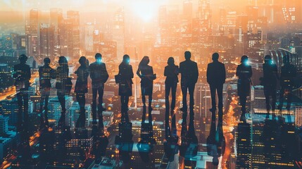 Wall Mural - Double exposure image of many business people conference group meeting on city office building in background showing partnership success of business deal. Concept of teamwork