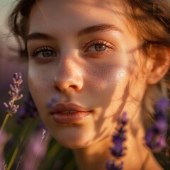 A closeup portrait photography of a womans face with purple flowers framing her jaw, highlighting her happy gesture. This visual arts illustration captures her eyelash in an artistic way AIG50