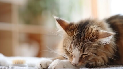 Poster - Cute female cat with brown and white hair in cleaning time. Generative Ai