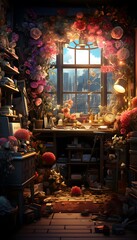 Wall Mural - 3d rendering of a fairy tale scene with a window and flowers