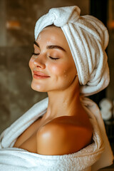 Wall Mural - A cheerful woman enjoying a relaxing day at a luxurious spa resort.