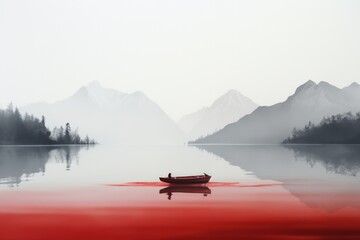 Wall Mural - Crimson Currents Paddling Through Misty Red Waters in the Wilderness