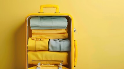 A yellow suitcase partially opened to reveal neatly folded clothes, with space beside it for adding a message or logo 