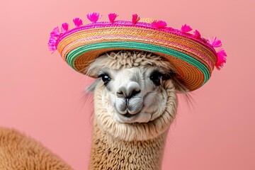 Wall Mural - alpaca wearing sombrero hat isolated on pastel background