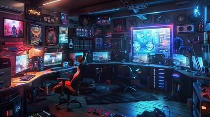 Wall Mural - Ultimate Gaming Haven: Vibrant Illustration of a Stylish Gaming Room, Perfect for Gamers, Eye-Catching Design