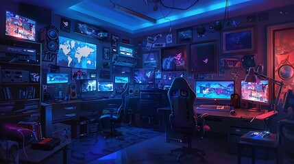 Wall Mural - Futuristic Gaming Room - Illustrated Design with Eye-Catching Elements