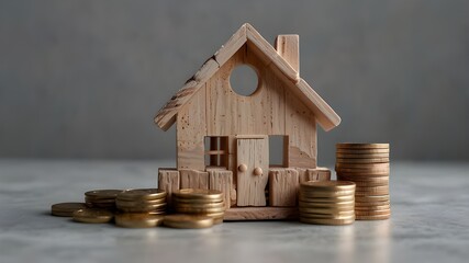 house made of coins,A close-up of a wooden house figure on an isolated light pastel grey background, with coins stacked. Concepts of real estate and house renting