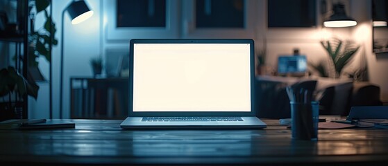 The glow of a laptop screen illuminates a dark office, awaiting the insertion of a blank mockup website, a canvas for digital professionalism.