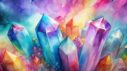 Close up of vibrant crystals with blurred watercolor background , crystals, colorful, pile, close up, vibrant, blurred, watercolor, abstract, shiny, natural, gemstones, geology, texture