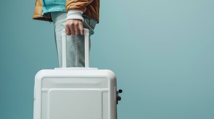 Wall Mural - A traveler's hand holding a white suitcase handle against a simple backdrop, allowing space for copy beside or below the hand