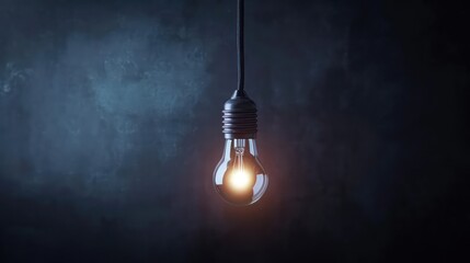 A single illuminated light bulb hanging against a dark background, creating a dramatic contrast and leaving space for copy