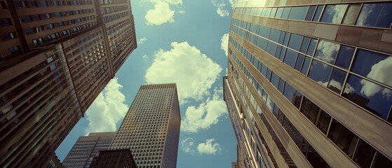 office buildings with a beautiful skyline, low angle shot and excellent perspective
