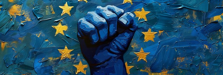 Wall Mural - Hand painted like the European flag clenched into a fist