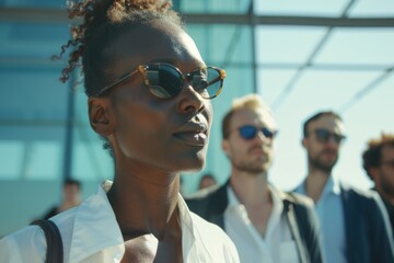 Wall Mural - Young african american man in sunglasses and a white shirt on the background of business people