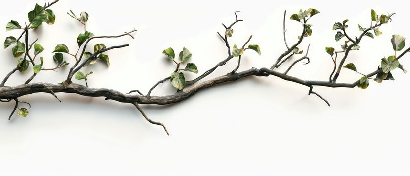 single branch with some leafs set horizontally and isolated on a white background, very minimal and contrasting