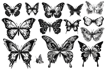 Wall Mural - silhouettes wedding tattoo graphic set butterfly black design vector card butterflies outline