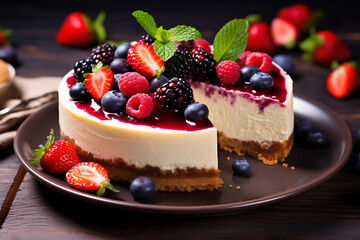 Cheesecake with fresh berries and mint on a dark wooden background