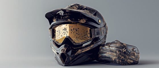 Wall Mural - adventure motorcycle dirty helmet with golden mx goggles in a grey studio background
