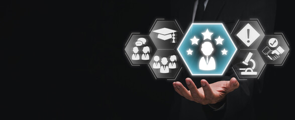 Wall Mural - expertise concept, businessman hand holding expert, consulting, knowledge, team, advice, research an