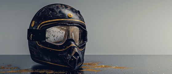 Wall Mural - adventure motorcycle dirty helmet with golden mx goggles in a grey studio background
