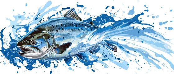 blue fish jumping with splash watercolored illustration isolated on a white background
