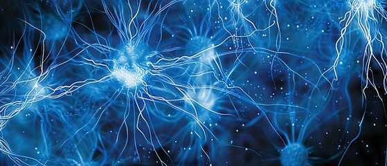 Wall Mural - blue wallpaper with neurons floating in deep liquid space

