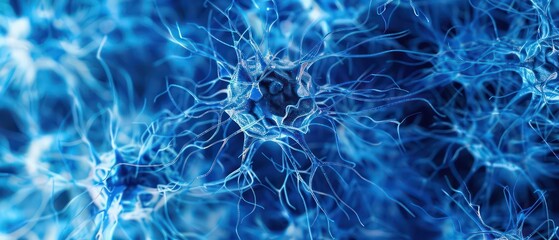 Wall Mural - blue wallpaper with neurons floating in deep liquid space