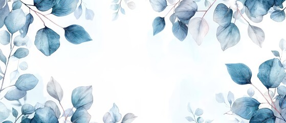 Wall Mural - wallpaper of watercolored pastel blue leaves border
