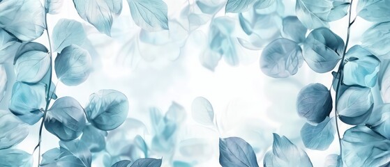 Wall Mural - wallpaper of watercolored pastel blue leaves border
