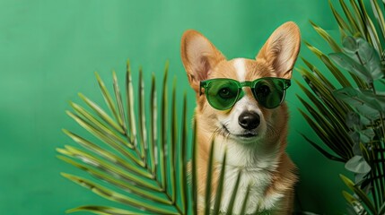 Sticker - Corgi puppy wearing green sunglasses isolated on a green palms background, in the style of copy space concept for summer vacation and celebration.