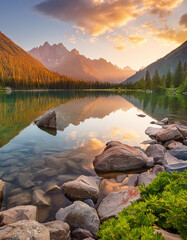 Sticker - Landscape view of a lake and mountain range at sunset and rocky mountains