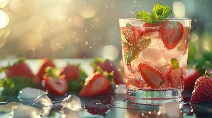 Sticker - Refreshing summer cocktail in a glass with strawberries ice and mint