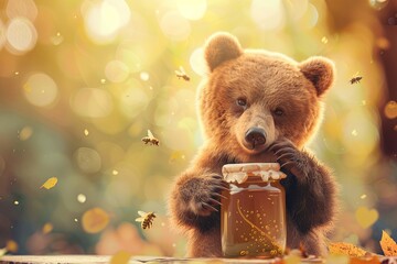 Wall Mural - cute big bear holds out a mouthwatering honey jar isolated on light pastel yellow background