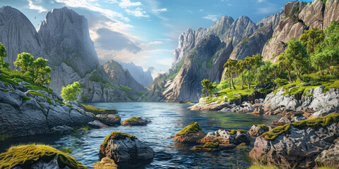 Wall Mural - A picturesque view of the Norwegian fjords, with majestic mountains and lush greenery under a clear blue sky