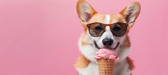 Wall Mural - Cute corgi dog in sunglasses eats ice cream on pastel pink background with copy space banner for summer vacation, travel and advertising concept