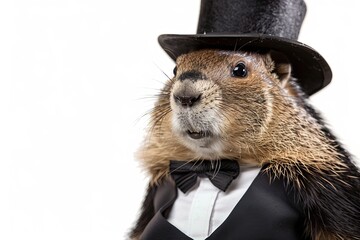 Wall Mural - cute marmot wearing black retro suit and top hat isolated on white background